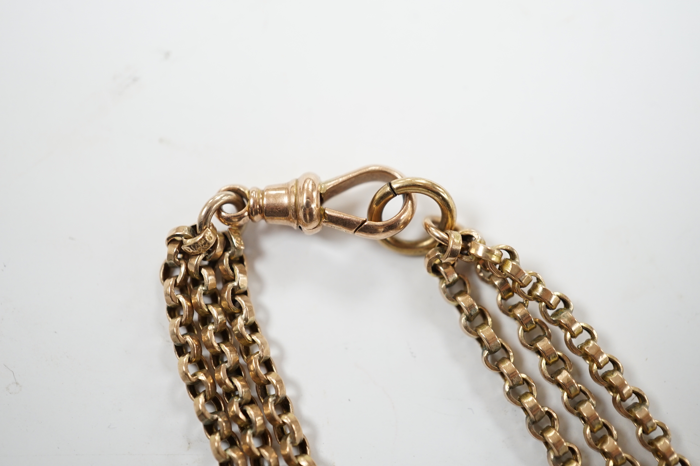A Victorian 9ct graduated triple row albert, 47cm, 23.7 grams.